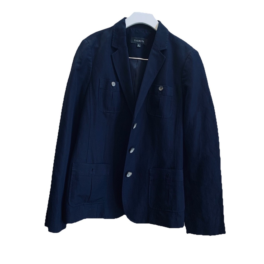 Talbots women's blazer Lin Blend 3 Button Navy Lightweight Jacket Petite 10